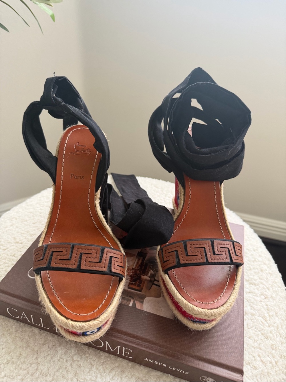 Leather Espadrille Wedge Sandals with Black Ankle Wraps
